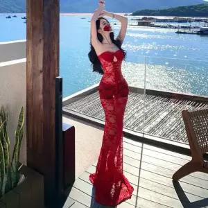 원피스 치마 여성 롱 여름 쉬폰 레이스 톱 끈 민소매 해변 바캉스 DUCHI2