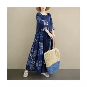 여성 쉬폰 스커트 가을 린넨 빈티지 라운드 긴팔 플리츠 원피스 DUCHI3