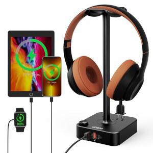 USB 충전기가 장착된 코주 헤드폰 스탠드 스테이션 무선 디스플레이 남성용 충전 전원 게이밍 DJ 이어폰 콘센트 선물용 게이머 2개 스트립 3개와