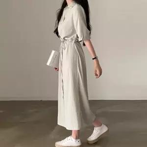 카라 포인트 심플한 LDN-20250210 디자인에 롱원피스 셔츠 브이넥 드레스
