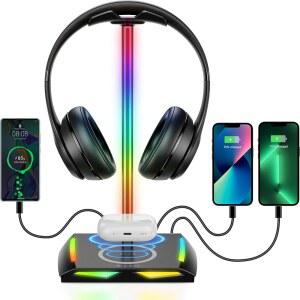 USB 2개와 충전 포트 1개를 갖춘 7가지 새로운 모든 고무 액세서리에 방지 헤드폰 RGB 베이스가 스탠드 있는 홀더로 적합합니다 책상 라이트 게이밍 모드와 헤드셋 이어폰 미끄럼