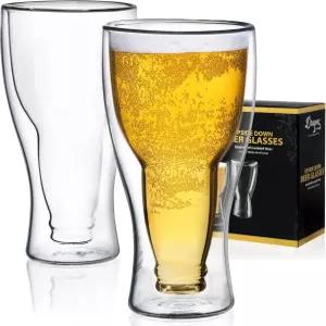 드래곤 유리 제품 맥주잔 - 13.5온스 투명 이중 벽 단열 2종 세트 거꾸로 된 디자인 풀 보틀 하나 보관