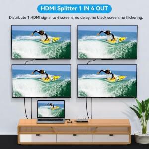 HDMI 분배기 4K@60Hz 1입력 4출력 EDID 관리 기능 탑재, 전시, 교실 발표, 게임용 4방향 4포트