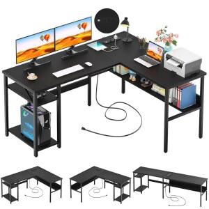 UNIKITO 매직 전원 콘센트 USB 충전 보관 쉬운 게임 컴퓨터 테이블 코너 포트가 책상 선반이 오피스 있는 양면 L자형 튼튼한 블랙 조립