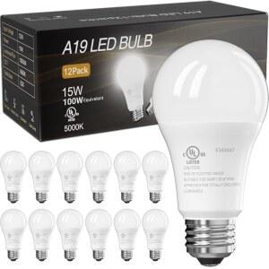 TJOY 12팩 LED 전구, 100와트 등가 A19, 5000K 일광 E26 스탠다드 베이스의 15W 밝은 흰색 에너지 절약 홈 침실 실내용 1500루멘 비조광 램프