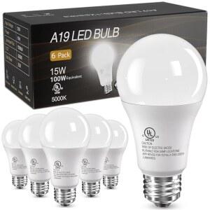 TJOY 6팩 LED 전구, 100와트 등가 A19 15W 5000K 일광 백색, 밝은 에너지 효율 주방 실내용 1500루멘 E26 표준 나사 베이스 램프, 비디밍 가능