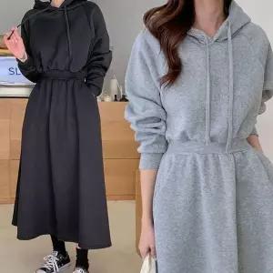 [하프클럽/]후드 롱 원피스 가을 겨울 면 A라인 드레스