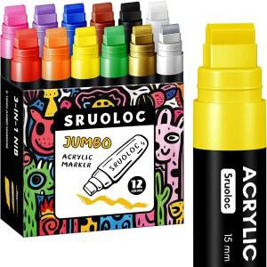 SRUOLOC 12가지 색상 점보 마커 15MM 마커 유리 펠트 페인트 포스터 목재 스톤 캔버스용 아크릴 페인팅 세라믹