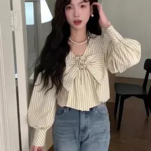 [하프클럽/]하객 셔츠 리본 스트라이프 블라우스