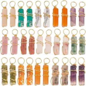 PH PandaHall 30pcs 15색 천연 돌 펜던트 20x4mm 컬러 크리스탈 매력 포인트 쿼츠 보석 구리 와이어 랩