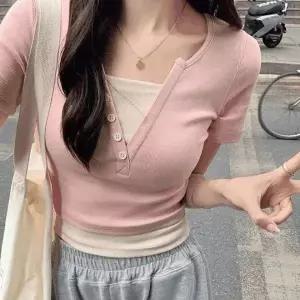 [하프클럽/]긴팔 티셔츠 배색 여성 레이어드