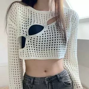 [하프클럽/]긴팔 크롭티 라운드 트임 펀칭 레이어드룩