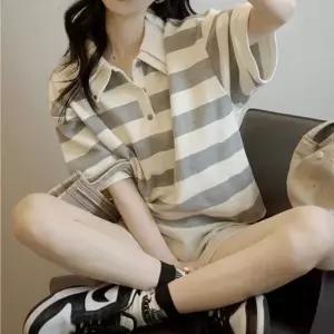 [하프클럽/]더블 카라 스트라이프 반팔 셔츠