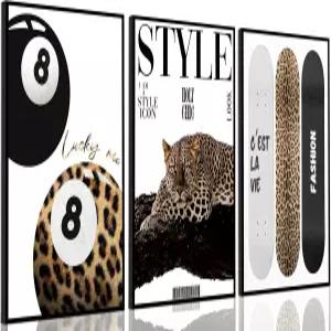 3Pcs 트렌디 레오파드 월 아트 프레피 에스테틱 스타일리시 페인팅 그림 벽 장식 펑키 럭키 8볼 치타