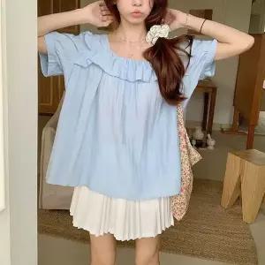 [하프클럽/]여름 여성 반팔 블라우스 프릴 셔츠 데일리