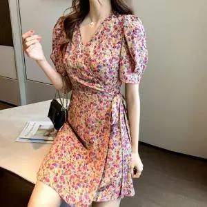 [하프클럽/]미니 랩원피스 브이넥 꽃무늬 플레어 쉬폰 스커트