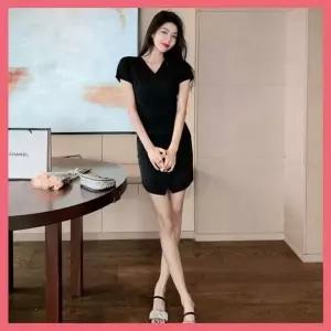 [하프클럽/]미니원피스 올블랙 브이넥 여성 짧은 파티룩 데일리 치마