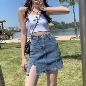 [하프클럽/]데님 A라인 스커트 슬릿 청치마 데일리