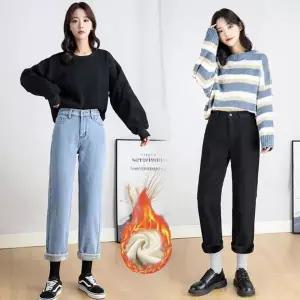 [하프클럽/]일자 데님팬츠 겨울 기모 청바지 스판 뒷밴딩 연청 블랙진