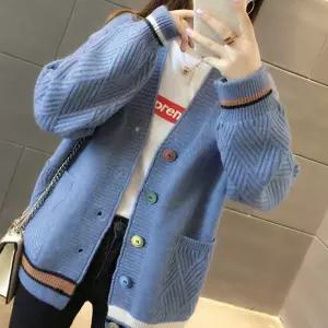 루즈핏 니트 가디건 단추 포인트 밑단 배색 브이넥여성가을 간절기 예쁜 카디건 학생 롱가디건 라운드 셔츠