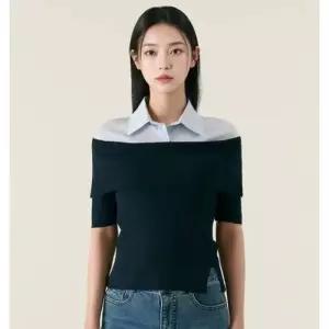 백화점 로엠 우븐매칭 오프숄더 반팔 니트 RMKAG24R12