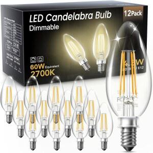 볼리보 디머블 E12 LED 캔델라브라 전구 60와트 등가, 2700K 웜 화이트, 500루멘, 4.5W B11 빈티지 샹들리에 전구, 천장 선풍기 홈용 필라멘트 투명 유리 캔들 램프, 12팩