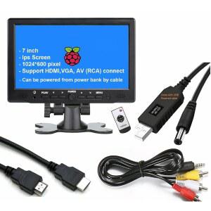 PC 시스템 게임 콘솔용 7인치 소형 내장 1024X600 픽셀 1080P 스크린 모니터 USB 케이블 RCA 60HZ 세컨드 12V 휴대용 VGA AV HDMI 스피커 이어폰 라우드 IPS 전원