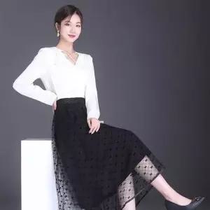 EAMT 치마 롱 검정 여자 망사 정장 A라인 봄가을 허리밴딩 슬림 EUNG1