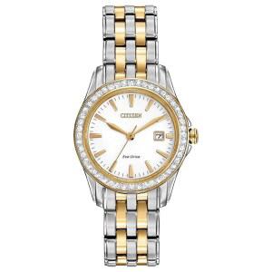 Citizen 여성용 EcoDrive 드레스 클래식 크리스탈 시계 투톤 스테인리스 스틸 실버 다이얼 28mm 모델 EW190859A