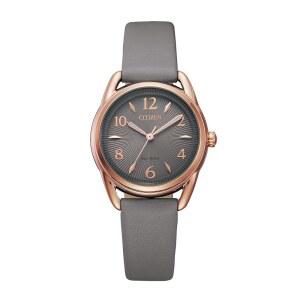 Citizen 여성용 EcoDrive 드레스 클래식 시계 로즈톤 스테인리스 스틸 그레이 가죽 스트랩 다이얼 모델 FE121805H