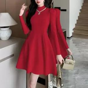하객룩 연말룩 여성 어깨 셔링 반폴라 미니 원피스 레드