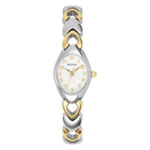 Bulova 여성용 클래식 투톤 스테인리스 스틸 3핸드 쿼츠 화이트 패턴 다이얼 스타일 98V02 화이트 쿼츠 팔찌