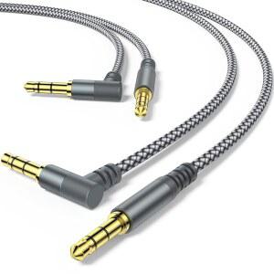 AUX 케이블 2팩 2M 5피트 2M 나일론 TRS 자동차용 오른쪽 스마트폰 코드 소니 5MM 보조 그레이 헤드폰 호환 에코 비트와 아이팟 브레이드 스피커 90도 도트 스테레오