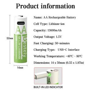 Bestely 1.5V AA 13600mAh 충전식 리튬 배터리 오래 지속되는 고속 이온 USB-C 케이블로 2000 사이클
