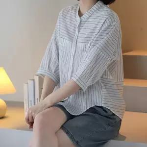 EAMT 여성용 여름 캐주얼 상의 루즈핏 스트라이프 셔츠 소매 차이나넥 7부 YJ2