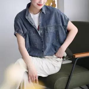 EAMT 여자 무지데님 셔츠 여름 데님 면 반팔 칼라 캐주얼 슬림핏 가오리핏 EUNG2