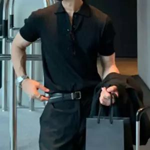남성 여름 데일리 캐주얼 단추 니트 반팔 티셔츠