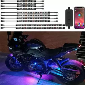 FCPVHOY 10Pcs 모터사이클 LED 언더글로우 키트 RGB 스트립 조명 및 APP 제어 할리 데이비슨 혼다 가와사키