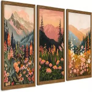 InspiredHues 다채로운 풍경 보호 캔버스 월 아트 세트 3피스 야생화 산벽 장식 거실 침실 사무실용 빈티지