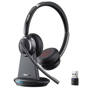 업무용 마이크가 있는 WAXOP 무선 헤드셋 캔슬링 콜센터용 베이스 USB AI 노이즈 범위 60피트 PC용 65H 온이어 충전 동글 BLUETOOTH 헤드폰