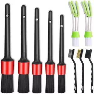 Nurkul 11Pcs 자동 디테일링 세트 멧돼지 헤어 브러시 스틸 와이어 및 A/C 빨간색 부드러운 칫솔모 내부