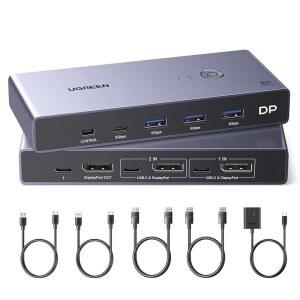 UGREEN 8K 디스플레이포트 KVM 스위치 2 in 1 출력 DP1.4, USB 3.0 포트 4개(USB-A 3개 + USB-C 1개) 지원 8K@60Hz 4K@240Hz 공유 1 모니터 키보드 마우스 U-디스크 프린터, DP 케이블 2개, USB A-C 케이블 2개 포함