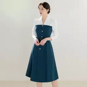 ~XXL까지 아수 브이넥 배색 레이어드 플레어 원피스 봄 가을 하객룩 오피스룩 모임룩 격식룩 빅사이즈11891