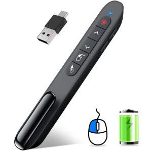 에어 마우스 컨트롤이 있는 다이노스트라이크 무선 프레젠터 리모컨, 충전식 USB A&C 프레젠테이션 클리커 PPT 포인터 RF 2.4GHz 파워포인트 슬라이드 어드밴스 컴퓨터 노트