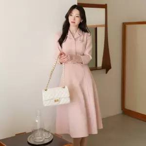 ~XXL까지 디누 핑크 트위드 벨트 플레어 원피스 봄 가을 하객룩 오피스룩 모임룩 격식룩 빅사이즈1273728