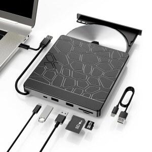 노트북용 YUNINFANG 외장 블루레이 드라이브 - 듀얼 USB-A 포트가 있는 DVD/CD 드라이브, 휴대용 5-in-1 USB 3.0 BD 리더, SD/TF 슬롯 - PC, Windows /Mac /Linux OS 호환용 블루레이 플레이어(5-in-1)