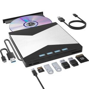 노트북용 Wbacon 외장 CD/DVD 드라이브, 노트북용 DVD 플레이어, USB 포트 4개와 TF/SD 카드 슬롯 2개를 갖춘 8인치 초슬림 CD 버너, 데스크탑 Mac Windows와 호환되는 외장 디스크 드라이브 광학 장치