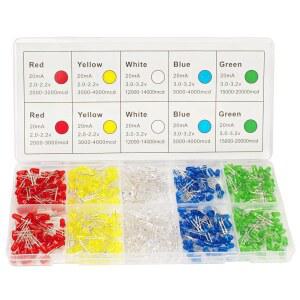 DICUNO 450PCS 5MM LED 다이오드 라이트 키트 박스 5가지 색상 미니 모듬 원형 상단 DIY 프로젝트용 발광 흰색 빨간색 노란색 초록색 파란색