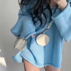 EAMT 니트 여성 가을 빈티지 루즈핏 브이넥 롤업 트임 패션 풀오버 스웨터 YJ3