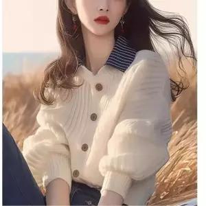 EAMT 화이트 니트 가을 여성니트 슬림핏 터틀넥 스트라이프 루즈핏 배색 숏 YJ3